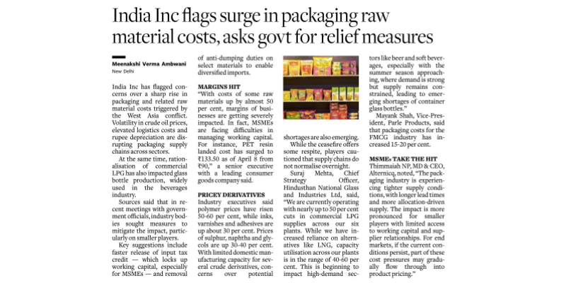 India Inc seeks relief from soaring packaging material costs.