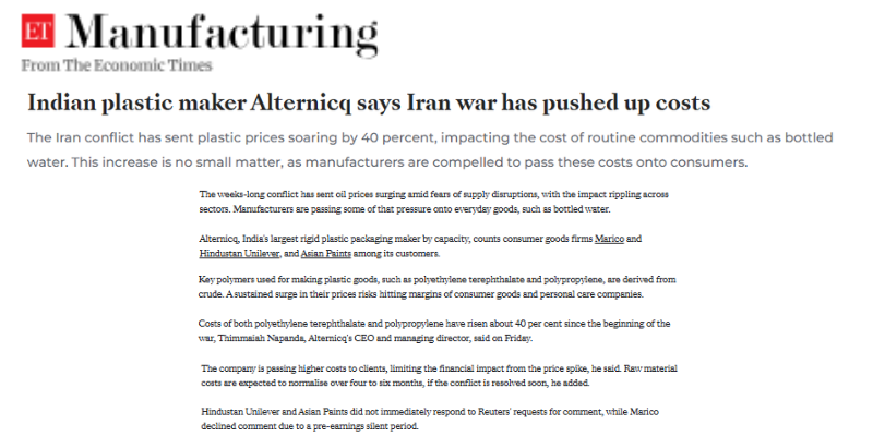 Iran conflict significantly increases Alternicq’s raw material costs.